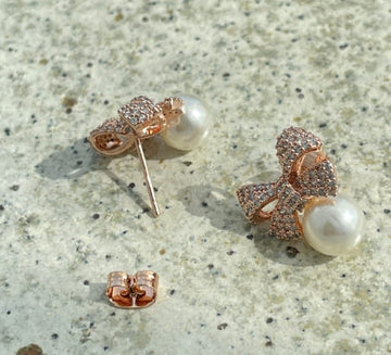 Romance Cubic Ribbon Pearl Earrings